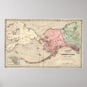 Poster Carte vintage de l'Alaska et de la Russie (1869)