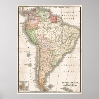 Poster Carte vintage de l'Amérique du Sud