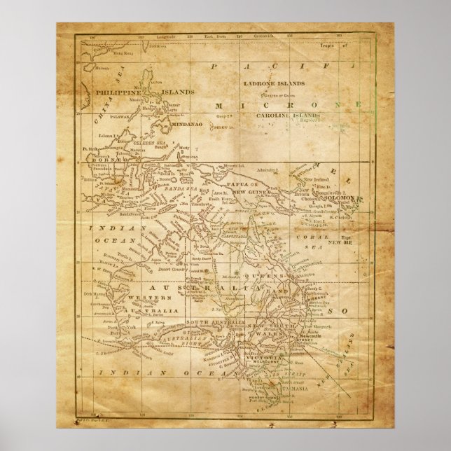 Poster Carte vintage de l'Australasie (Devant)