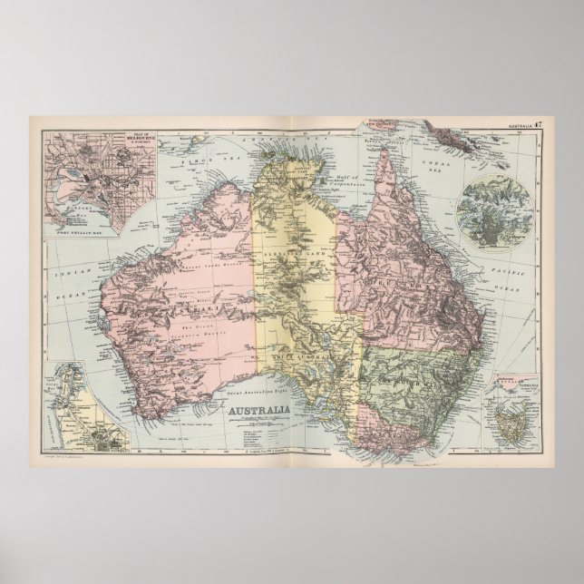 Poster Carte vintage de l'Australie (1891) (Devant)