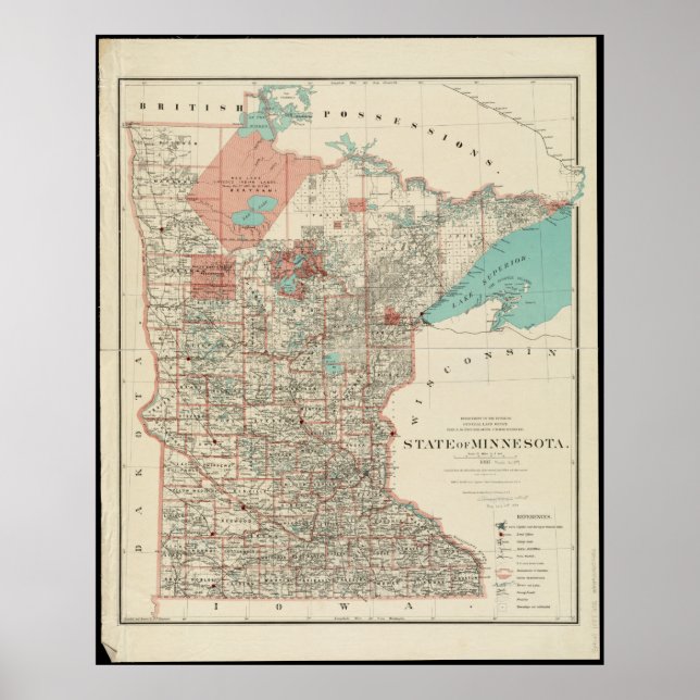 Poster Carte Vintage de l'état du Minnesota (Devant)
