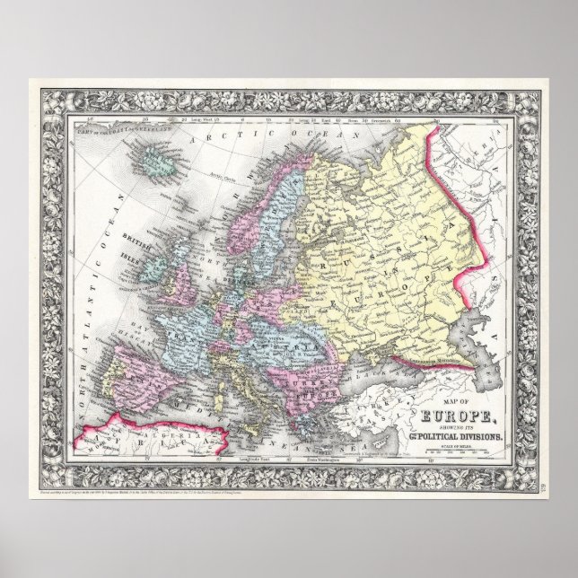 Poster Carte vintage de l'Europe, 1860 (Devant)