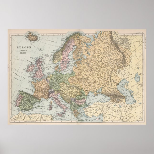 Poster Carte vintage de l'Europe (1892) (Devant)