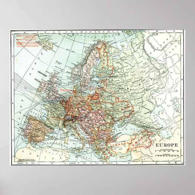 Poster Carte vintage de l'Europe (1920) (Devant)