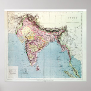 Poster Carte vintage de l'Inde   1877