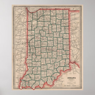 Poster Carte vintage de l'Indiana (1883)