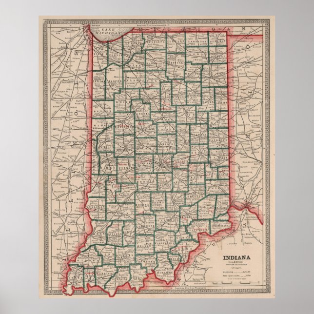 Poster Carte vintage de l'Indiana (1883) (Devant)