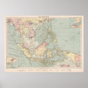 Poster Carte vintage de l'Indonésie et des ports philippi