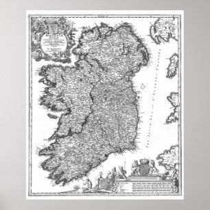 Poster Carte Vintage de l'Irlande (1716) BW
