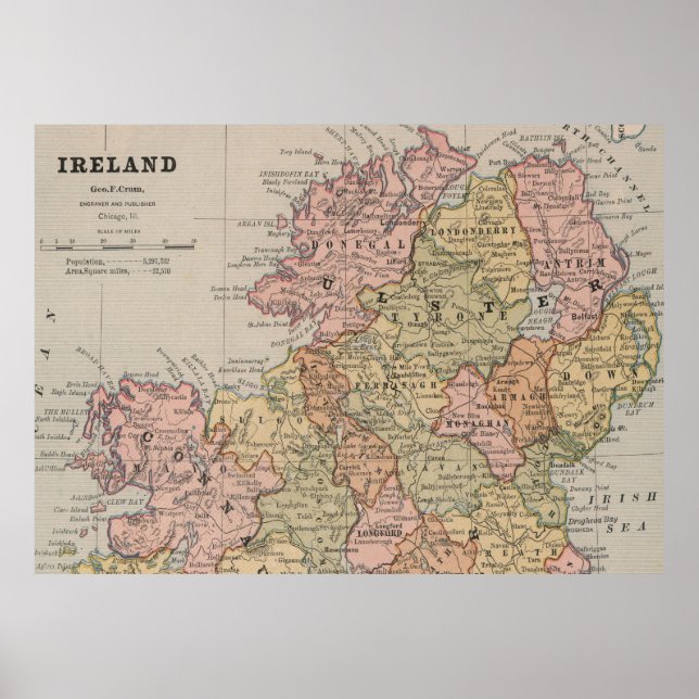 Poster Carte vintage de l'Irlande du Nord (1883) (Devant)