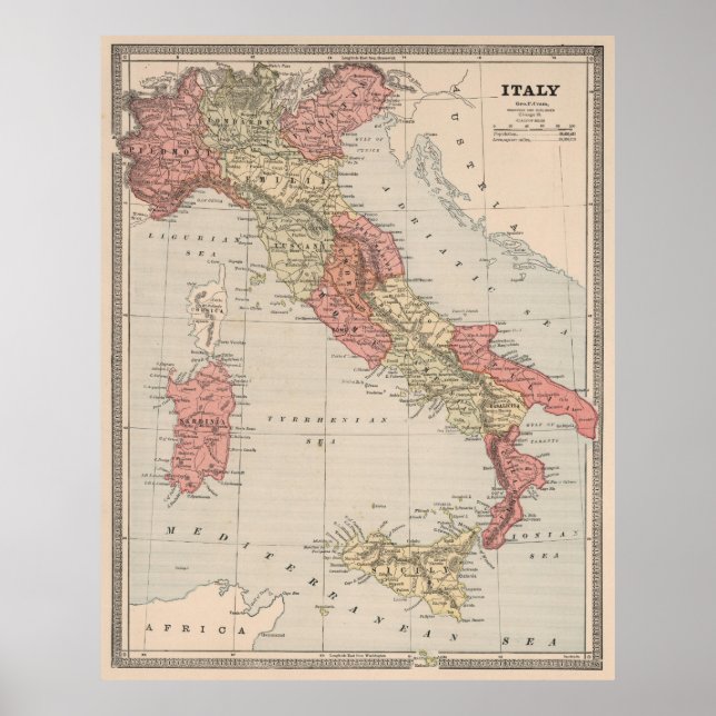 Poster Carte vintage de l'Italie (1883) (Devant)