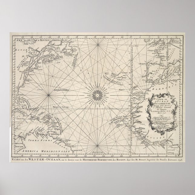 Poster Carte vintage de l'océan Atlantique (1746) (Devant)