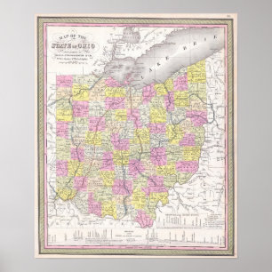 Poster Carte vintage de l'Ohio, 1850