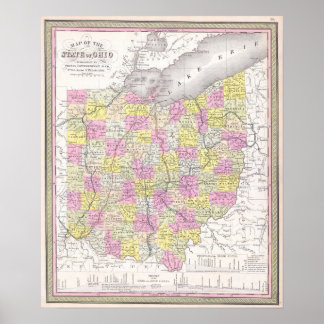 Poster Carte vintage de l'Ohio, 1850