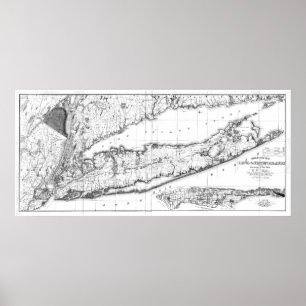 Poster Carte vintage de Long Island New York (1842) BW