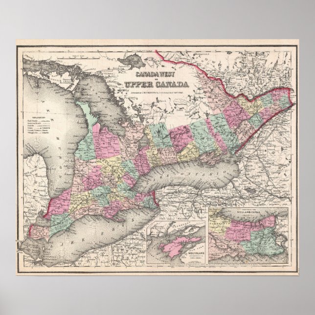 Poster Carte vintage de l'Ontario (1857) (Devant)