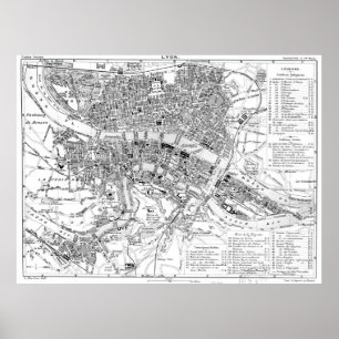 Poster Carte vintage de Lyon France (1888) BW