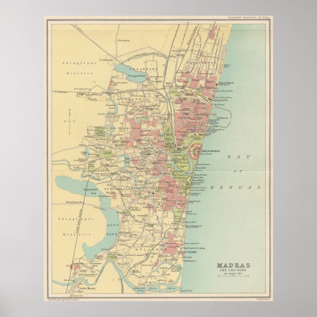 Poster Carte vintage de Madras Inde (1909) (Devant)