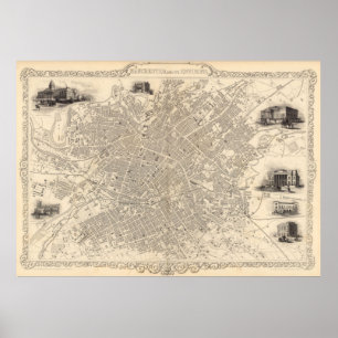 Poster Carte vintage de Manchester Angleterre (1851)