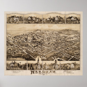 Poster Carte vintage de Needham MA (1887)