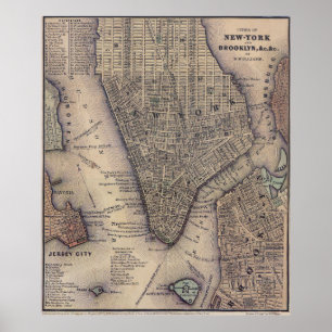Poster Carte vintage de New York et Brooklyn (1847)
