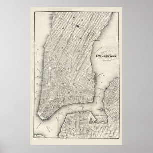 Poster Carte vintage de New York et Brooklyn, 1860