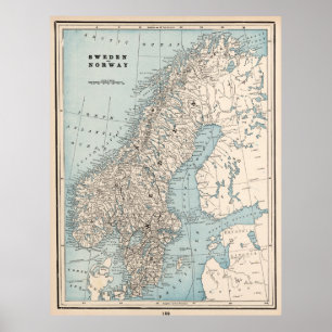 Poster Carte vintage de Norvège et de Suède (1893)