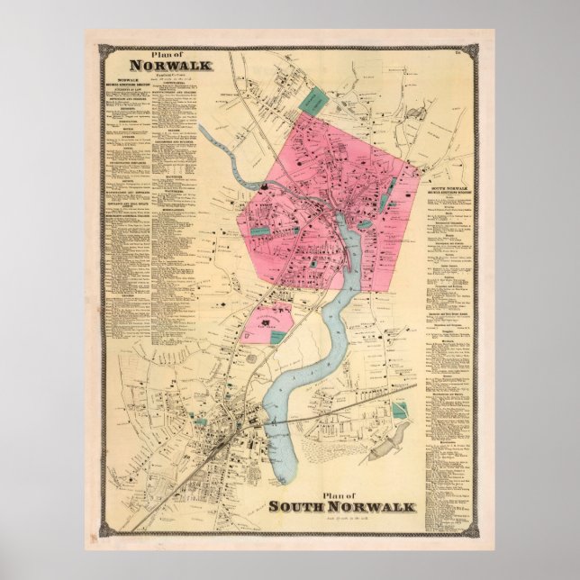 Poster Carte vintage de Norwalk CT (1867) (Devant)