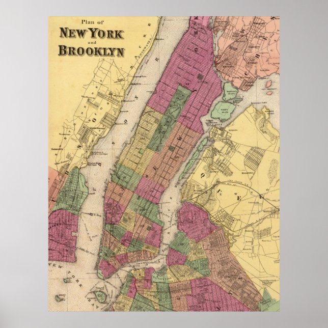 Poster Carte vintage de NYC et Brooklyn (1868) (Devant)