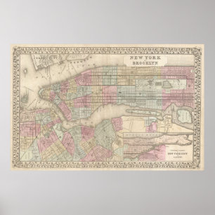 Poster Carte vintage de NYC et Brooklyn (1882)