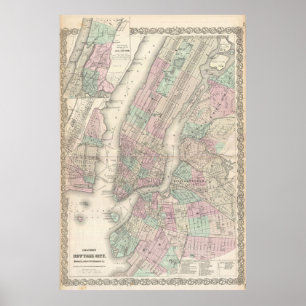 Poster Carte vintage de NYC et de Brooklyn (1865)