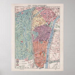 Poster Carte vintage de Paris, 1900 - 16e Arrondissement