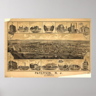 Poster Carte vintage de Paterson NJ (1880)