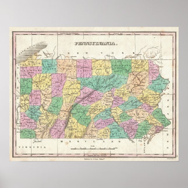 Poster Carte vintage de Pennsylvanie (1827) (Devant)