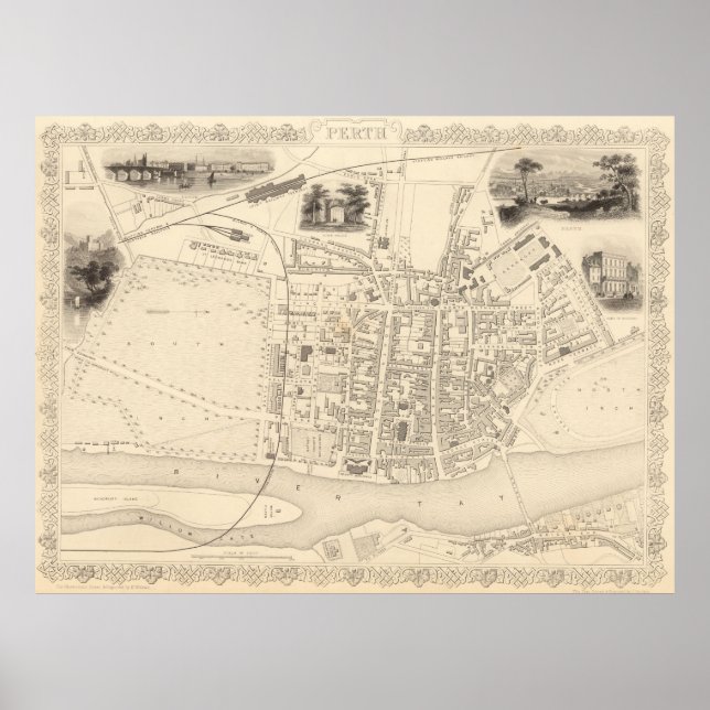Poster Carte vintage de Perth Scotland (1851) (Devant)
