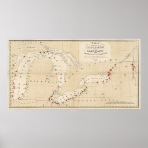Poster Carte vintage de phare de Great Lakes (1848)