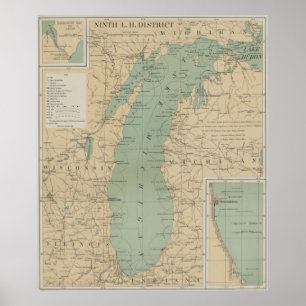 Poster Carte vintage de phare du lac Michigan (1898)