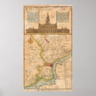 Poster Carte vintage de Philadelphie Pennsylvanie (1750)