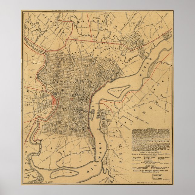 Poster Carte vintage de Philadelphie Pennsylvanie (1857) (Devant)
