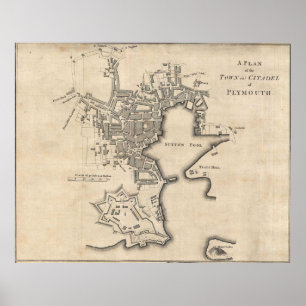 Poster Carte vintage de Plymouth Angleterre (1765)