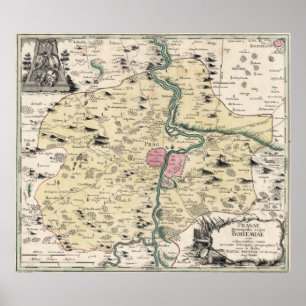 Poster Carte vintage de Prague et d'abords (1740)