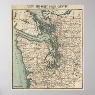 Poster Carte vintage de Puget Sound (1910)