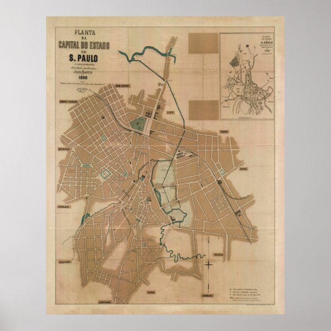 Poster Carte vintage de Sao Paulo Brésil (1890) (Devant)