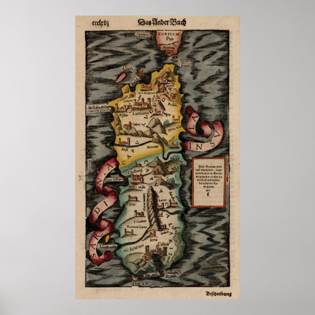 Poster Carte vintage de Sardaigne Italie (16ème siècle) (Devant)