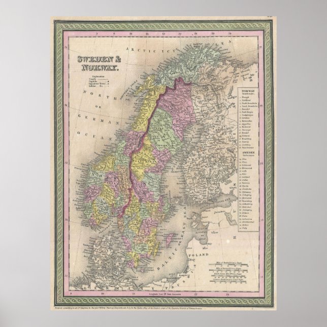 Poster Carte vintage de Scandinavie (1850) (Devant)