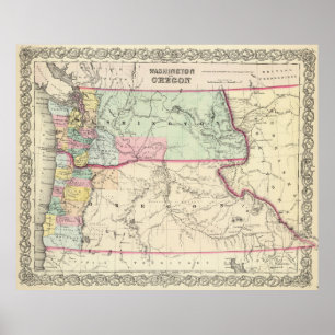 Poster Carte vintage de Washington et de l'Orégon (1856)