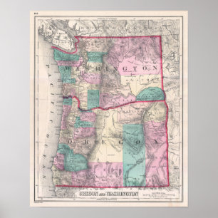 Poster Carte vintage de Washington et Oregon (1857)