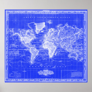 Poster Carte vintage des 1833) bleus et blancs du monde (