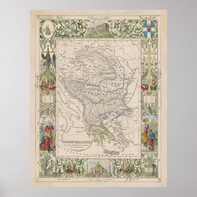 Poster Carte vintage des Balkans (1841) (Devant)