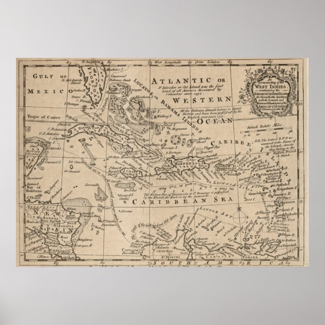 Poster Carte vintage des Caraïbes (1763) (Devant)